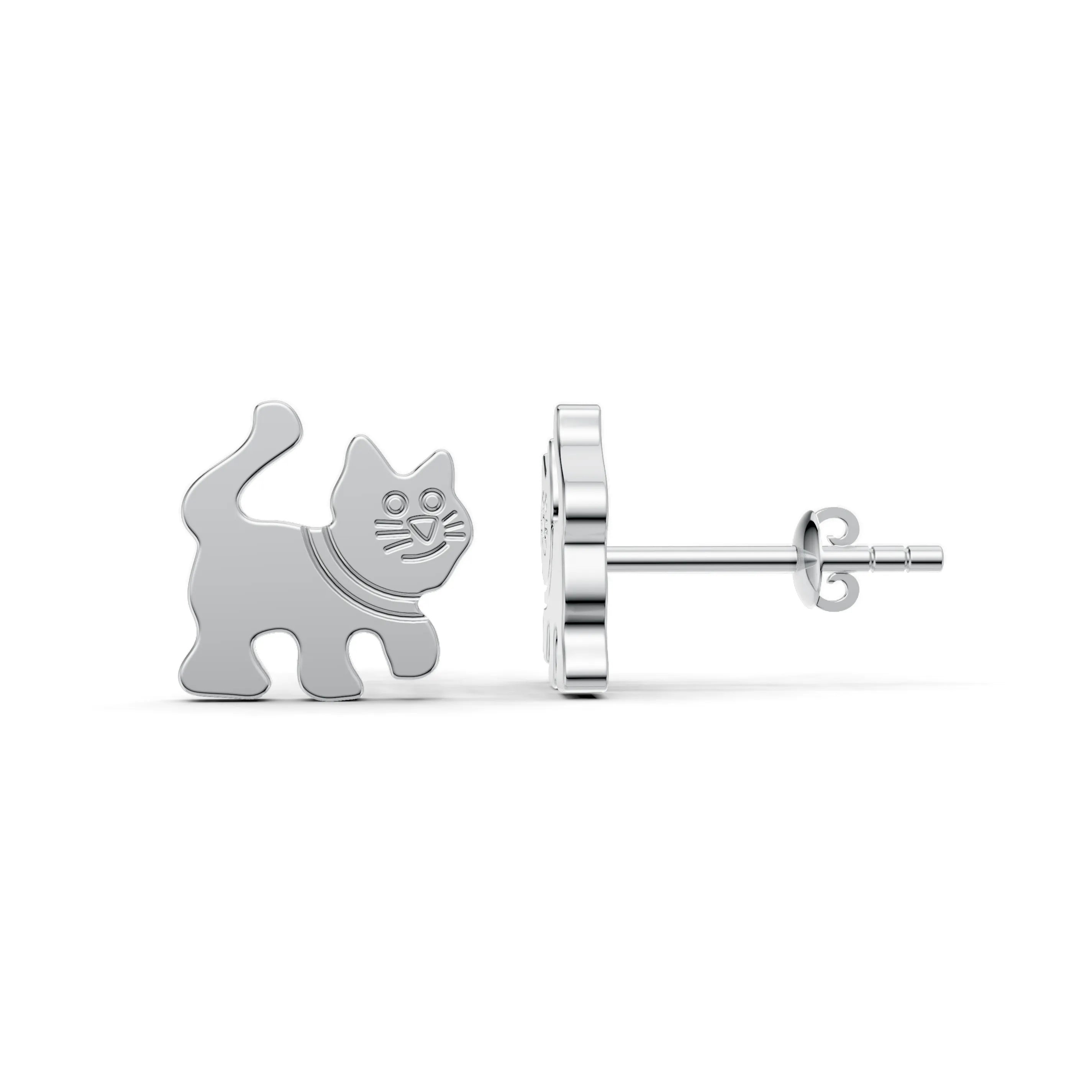 Pargold Solid Gold Playful Cat Stud Earrings -Silver_Static_Silver