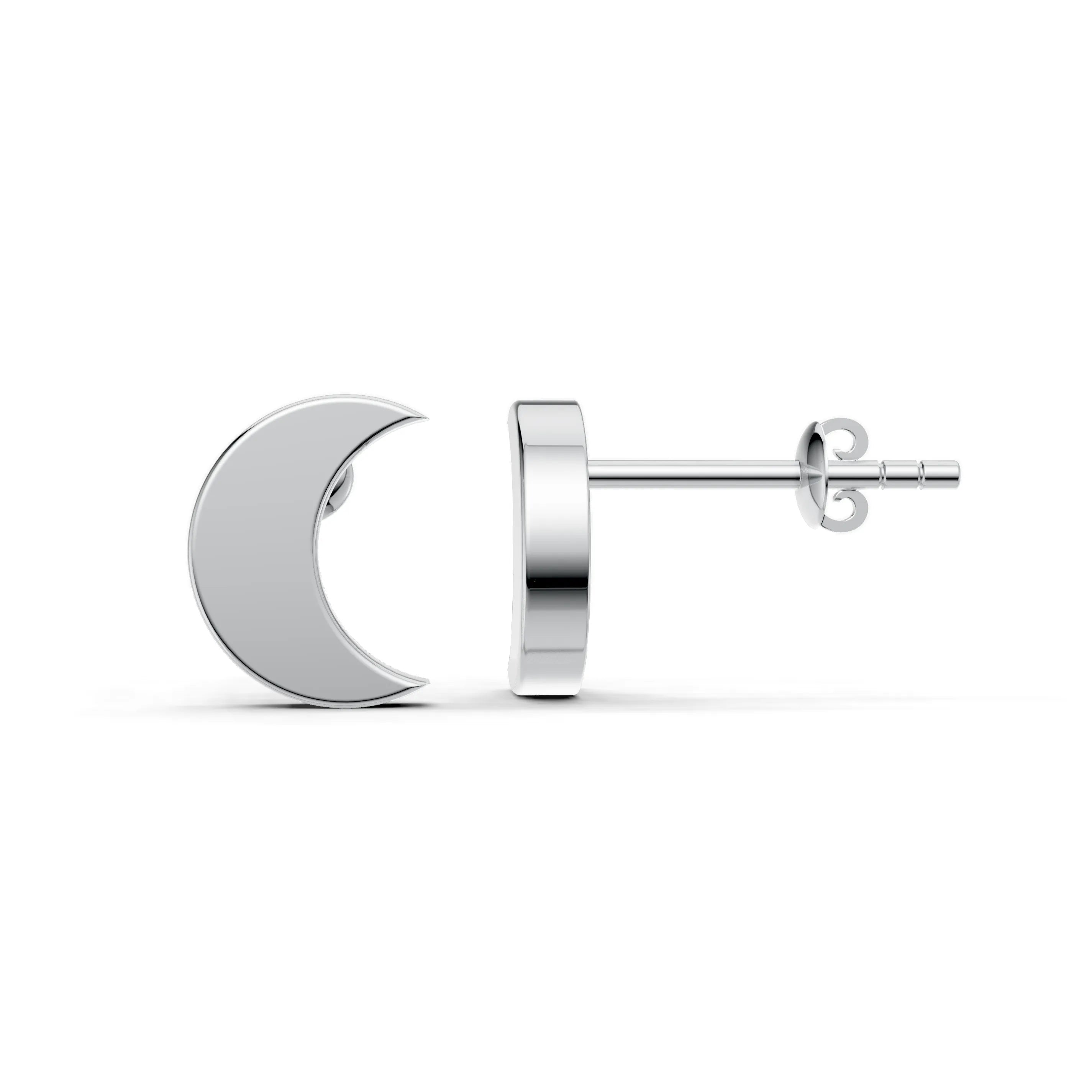 Pargold Solid Gold Crescent Moon Stud Earrings -Silver_Static_Silver