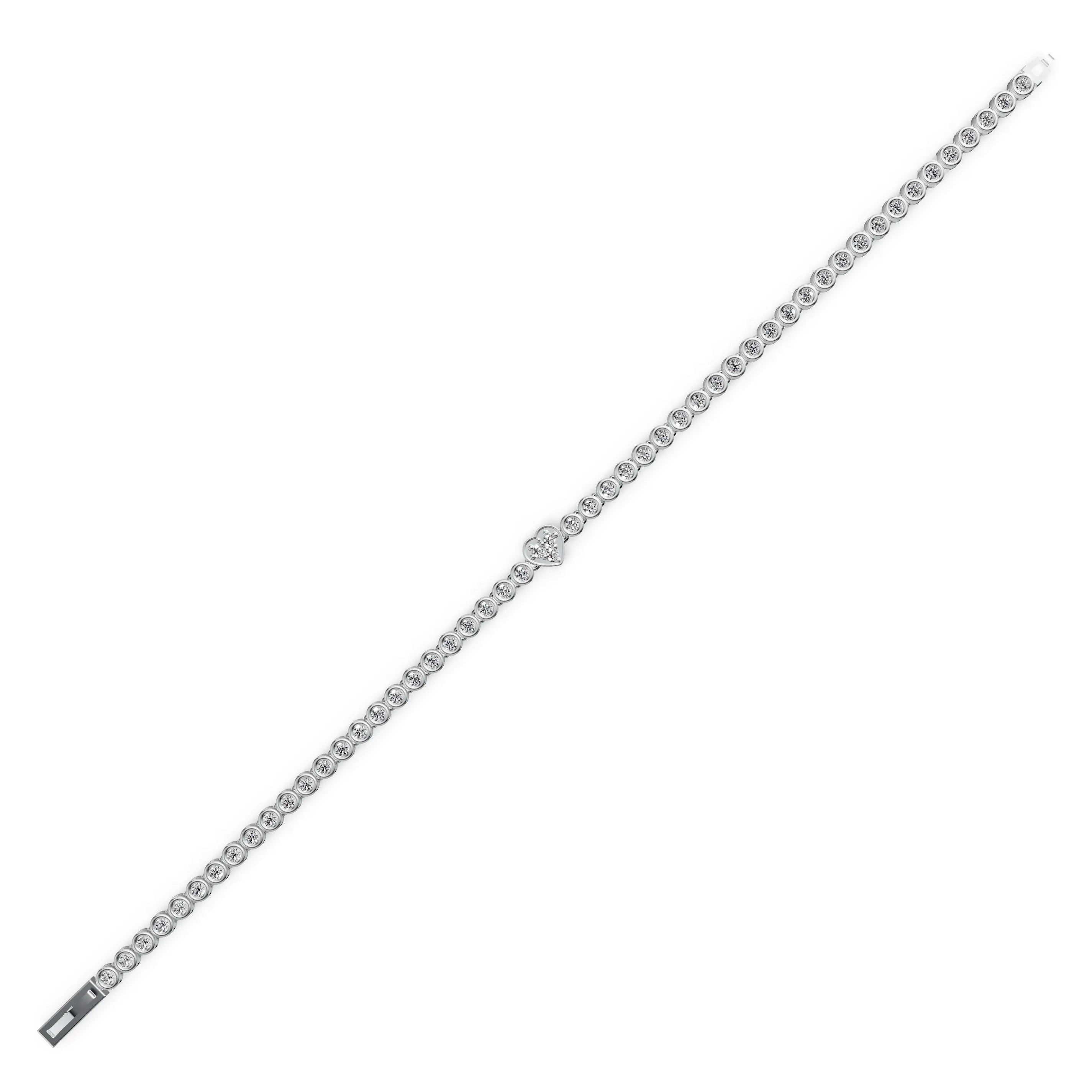 Pargold Solid Gold Lover's Charm Heart Tennis Bracelet -Silver_Diamond_Diamond_Static_Silver